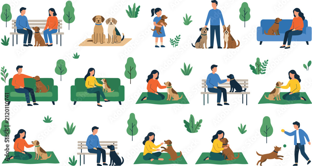 Fototapeta premium People with Dogs in Park and Home Vector Set with Diverse Male and Female Characters Sitting on Benches and Playing with Pets