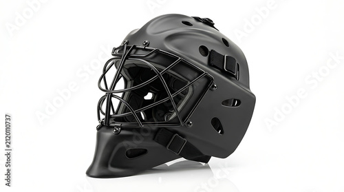 Matte Black Hockey Goalie Helmet with Metal Wire Cage Facing Left Angled View of Safety Protective Sports Equipment for Ice Hockey Players Isolated on White