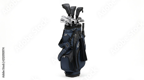Full Set of Golf Clubs in a Premium Blue and Black Cart Bag Vertical View of Professional Golfing Equipment and Accessories Isolated on White Background