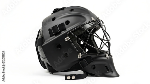 Professional Black Ice Hockey Goalie Mask with Steel Cage Face Protector Side View of Protective Sports Helmet Headgear for Goalies Isolated on White Background