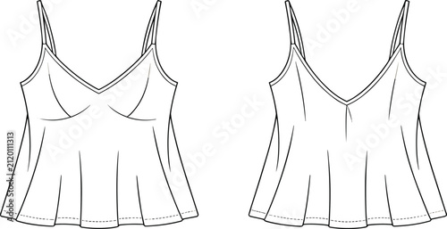 Fotografie Technical fashion sketch of a womens camisole top with spaghetti straps and a fl