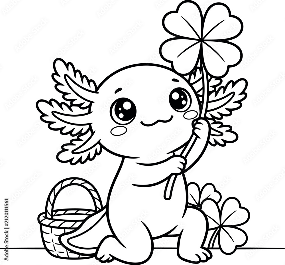 Obraz premium Cute cartoon axolotl carrying a basket of flowers and holding a clover leaf.Hand-drawn line art for children's coloring books and educational print.