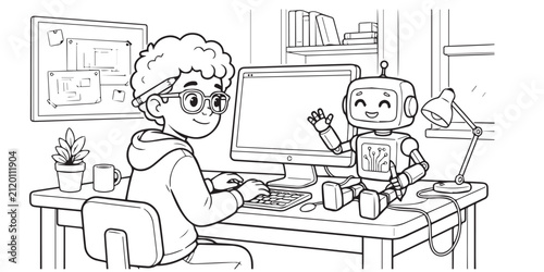 Boy coding with a robot assistant. Child programmer working on computer at home desk. A young boy programming a friendly robot at his desk.