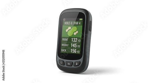 Handheld Digital Golf GPS Rangefinder Device Displaying Yardage to Front Middle and Back of Green on Golf Course Course Map Navigation Tool for Professional Golfers Isolated on White Background