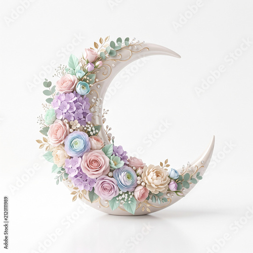 Pastel Flower Crescent Moon Decorative Sticker Isolated on White