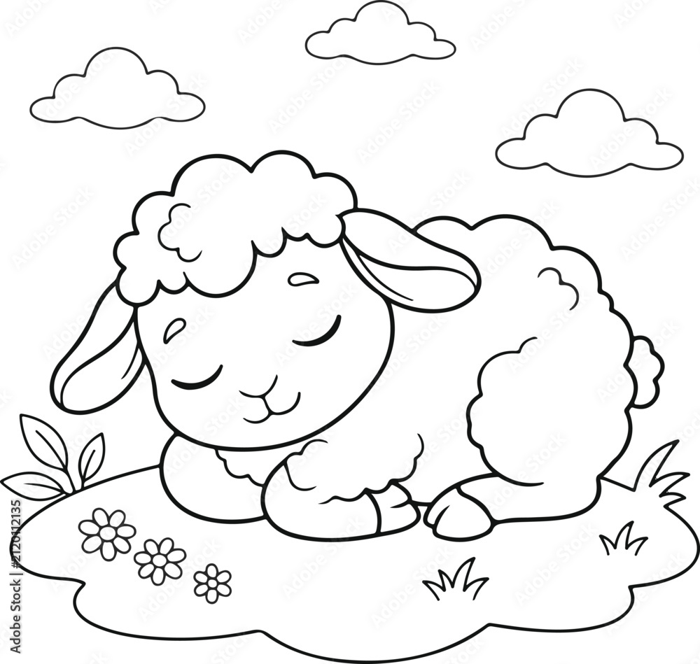 Obraz premium Cute cartoon lamb sleeping in a meadow with flowers and clouds, coloring page for kids