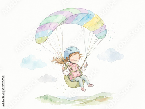 Cute watercolor illustration of a happy little girl paragliding under a colorful parachute, celebrating adventure, freedom, courage, childhood dreams, and outdoor exploration.