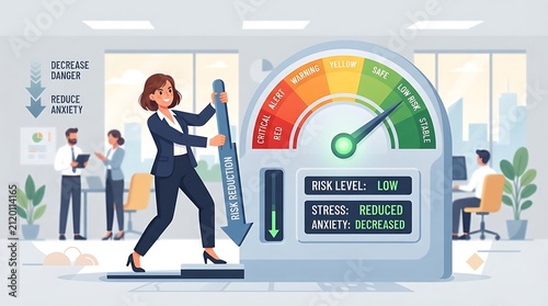Woman adjusting risk level meter showing low risk and reduced stress