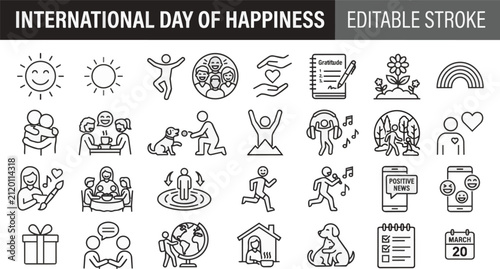 Konstfotografi International day of happiness line icons collection set on transparent background Editable Stroke