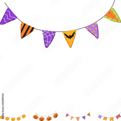 Group of vector celebration garlands and pennant strings with spooky symbols, including jack o' lanterns, bats, and spider webs, arranging for a fun autumn festival