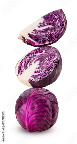 Three red cabbage one cut in half and slice