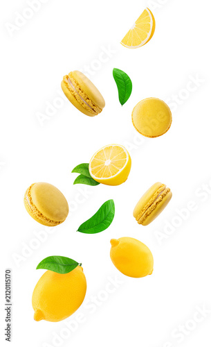 Flying macaroon and lemon wIth green leaf