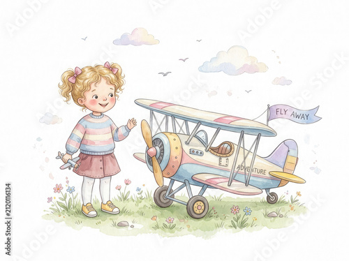 Charming watercolor illustration of a happy little girl with a vintage airplane, adventure, aviation dreams, childhood creativity, and playful exploration.