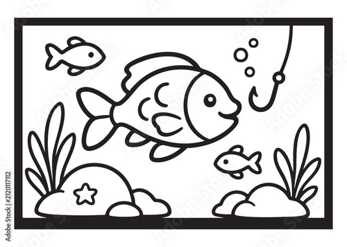 Ocean Fishing Coloring Page Black and White Vector Illustration for Kids