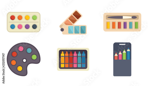 Art supply icon set with watercolor palette paint box colored pencils and artist tools isolated on white background. Flat vector illustration for art education school design creative projects and craf