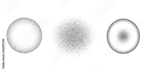 Dotwork 3D Spheres vector background. Sand grain effect. Black noise stipple dots. Abstract noise dotwork balls. Black dots grunge round elements. Stipple circles. Dotted vector spheres.
