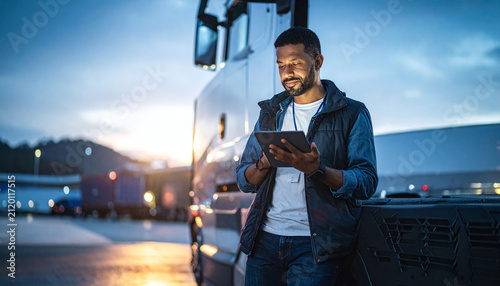 A professional driver manages logistics using a digital tablet at a shipping terminal during sunset. This image evokes efficiency, modern supply chain management, and the reliable human connection.