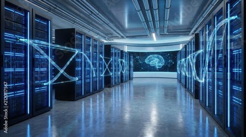 Cloud Computing Infrastructure Glowing Servers Connected Artificial Intelligence Network Data Center Blue Lighting Ultra Commercial
