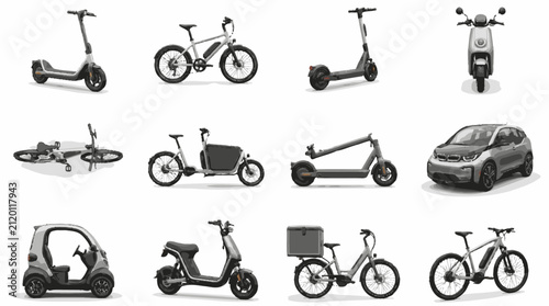 Collection of electric scooters and bicycles in various styles.