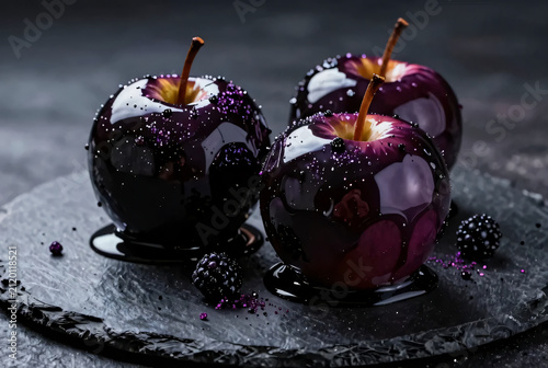 Deliciously shiny black candy apples sitting on a dark slate plate with blackberries