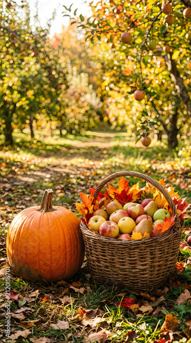 Freshly picked apples and pumpkin in an autumn apple orchard