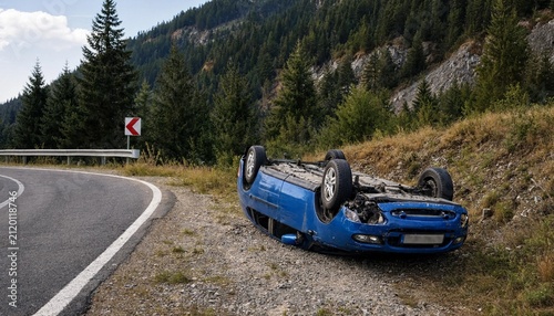 A blue car has crashed and turned upside down on a mountain road