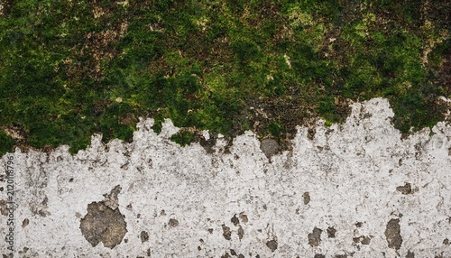 Old weathered concrete wall with green moss growing on surface