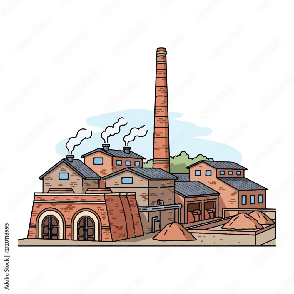 Obraz premium Industrial factory building with tall chimney and smoke stacks.