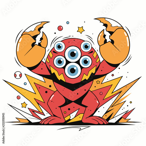 Bild auf Leinwand Explosive Red Robot with Multiple Eyes and Lightning.