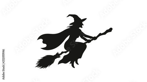Foto Witch silhouette in mid-flight on a broomstick, featuring a flowing cape and distinctive hat, isolated on a clean white field