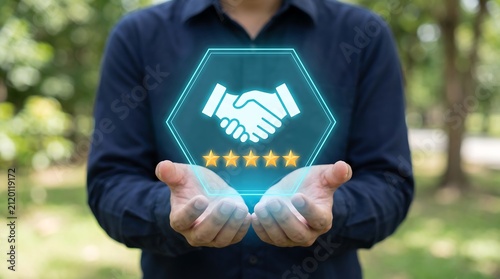 Professional in navy shirt holding glowing holographic hexagon with handshake icon and five golden stars representing exceptional customer service and business relationship quality