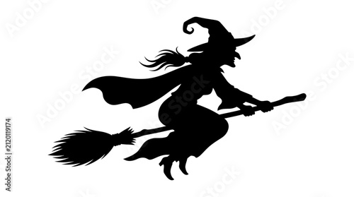 Quadro su tela Witch silhouette flying on a broomstick in profile against a clean white background, depicting a classic Halloween figure