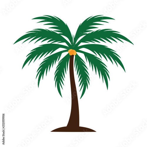 A minimalist flat vector illustration of a date palm tree featuring vibrant green fronds, a sturdy brown trunk, and ripe golden dates. The clean, modern design is perfect for tropical themes, agricult