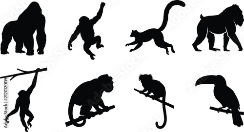 Foto Wild Primates and Jungle Animals Vector Icon Set Featuring Gorilla Monkey Lemur