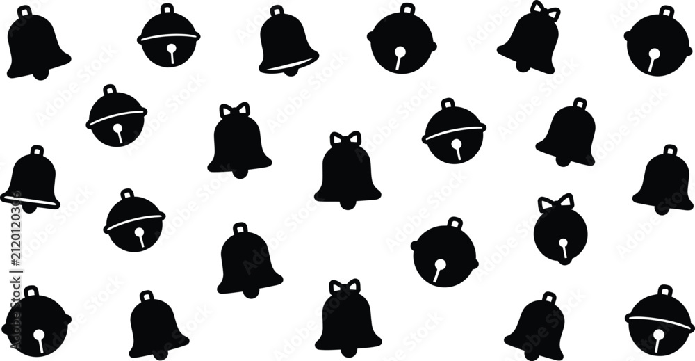 Obraz premium Seamless pattern with black silhouette bells isolated on transparent background, top view.
