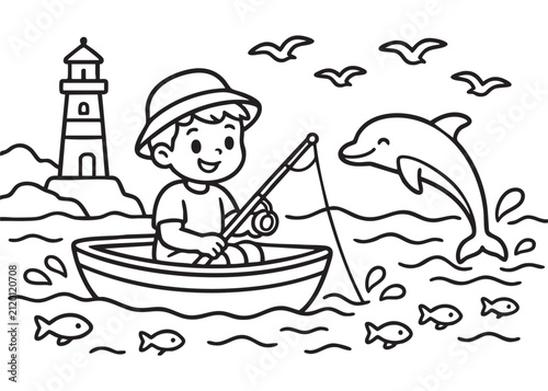 Happy Grandpa Fishing Coloring Page Black and White Vector Illustration for Kids