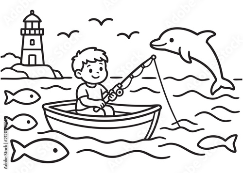 Happy Grandpa Fishing Coloring Page Black and White Vector Illustration for Kids