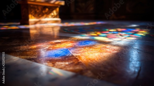 Intricate stained-glass window casting vibrant colorful patterns onto a stone floor inside a sacred architectural space