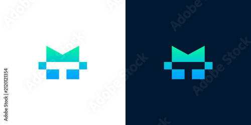 Modern geometric M letter logo design concept with vibrant blue and green pixelated style on light and dark backgrounds