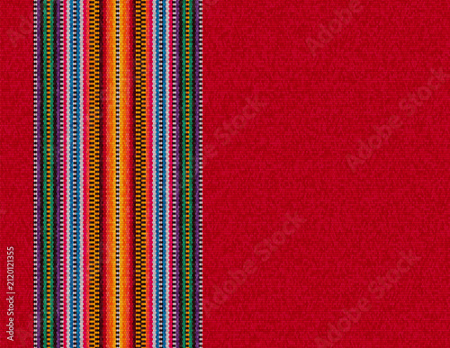 Mexican serape striped pattern in vibrant colors on red woven fabric texture with large copy space, traditional Peruvian blanket textile design for Cinco de Mayo fiesta illustration.