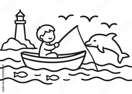 Happy Grandpa Fishing Coloring Page Black and White Vector Illustration for Kids