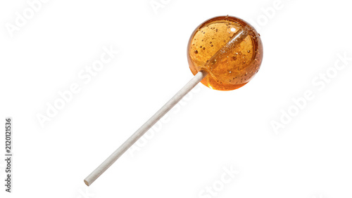 Sweet round orange sphere lollipop candy on stick isolated on transparent background for confectionery dessert