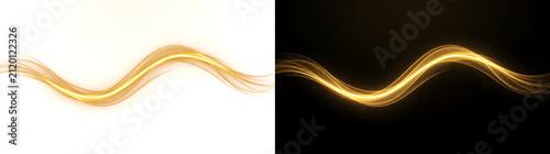 Photography Smooth golden ribbon of glowing light waves gliding across black background perf