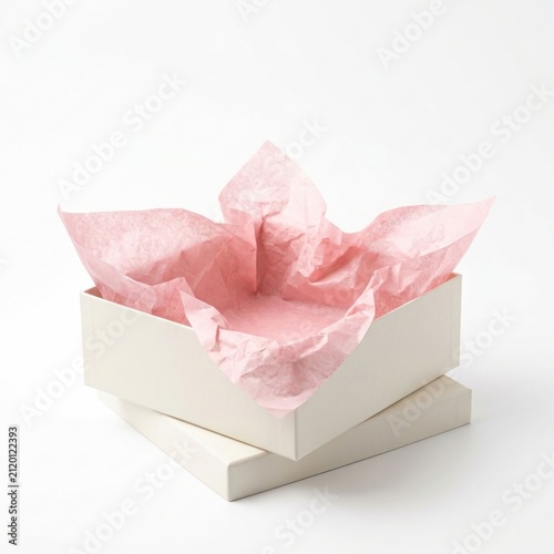 Empty white gift box with delicate pink tissue paper on a clean background.