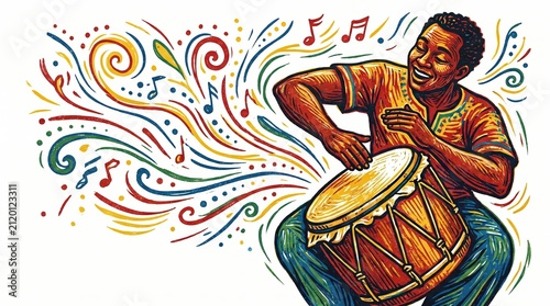 Vibrant Drummer Creating Joyful Music with Colored Swirls