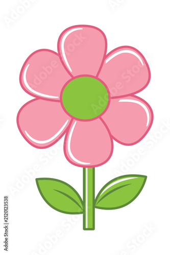 A simple cartoon style pink flower illustration with a green center and leaves.