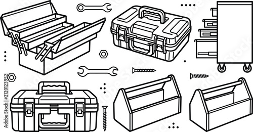 Toolbox and tool storage line icons set featuring plastic cases cantilevers wooden totes rolling cabinets wrenches and screws