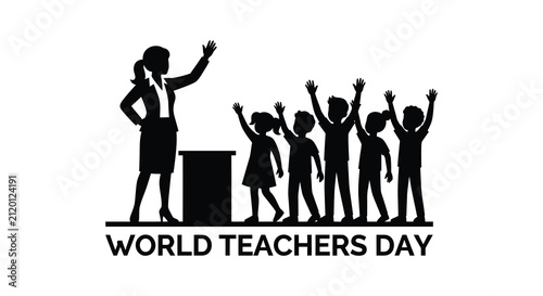 Teacher with students raising hands black silhouette against a white background classroom