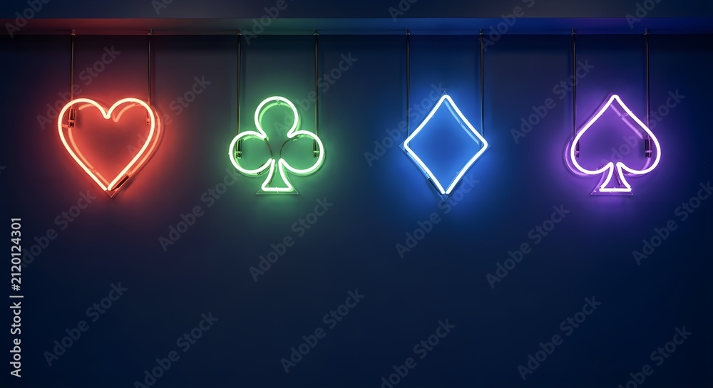 Fototapeta premium Neon playing card suit icons hanging on a dark wall with copy space