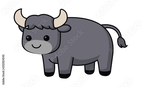 Cute cartoon style illustration of a friendly grey bull standing on white background.
